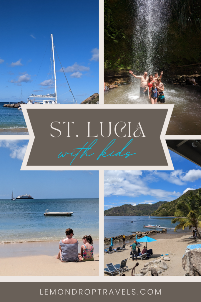 collage of photos from St. Lucia. Waterfalls, sailboat, sitting on the beach