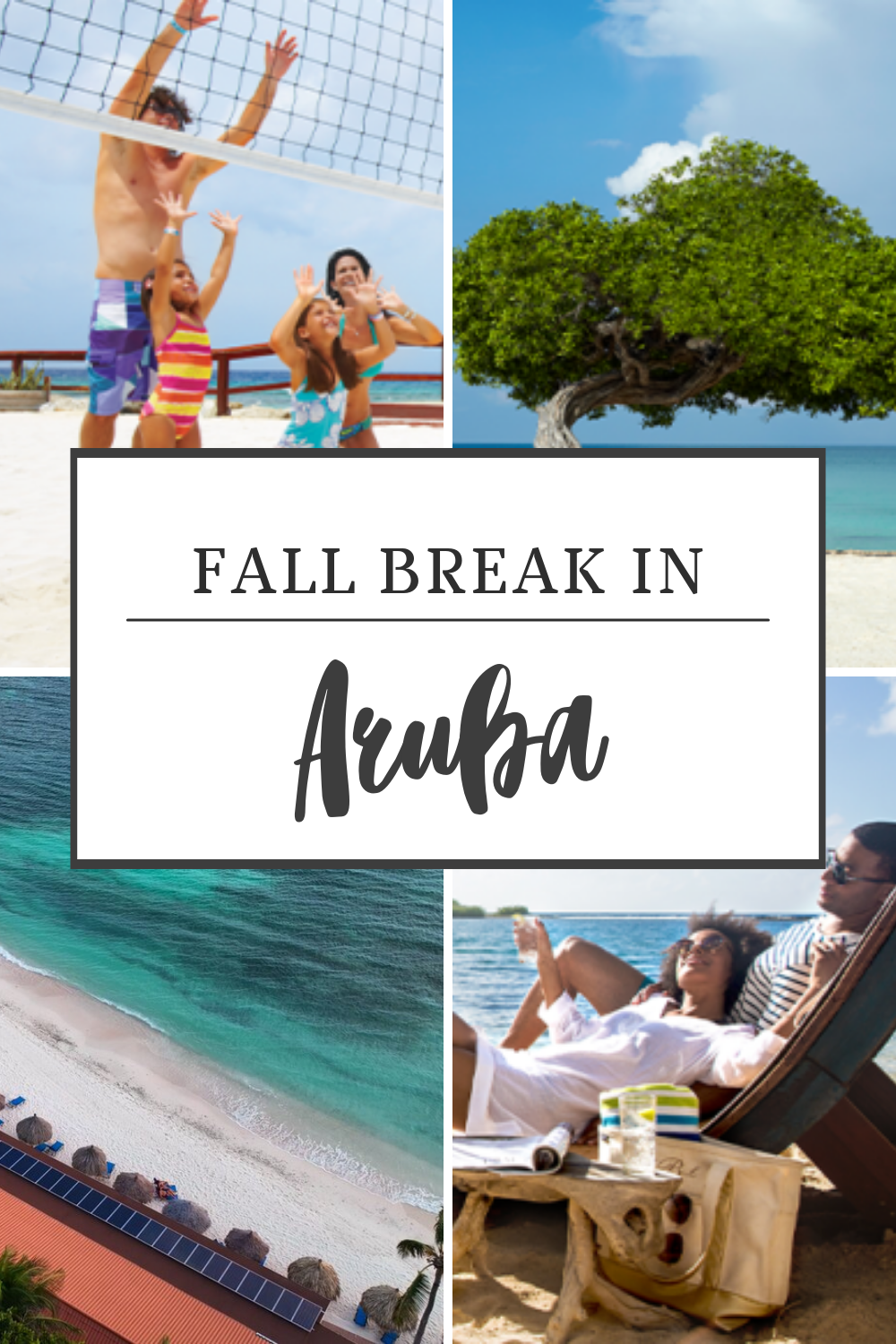 fall break in Aruba. Family playing volleyball on the beach, couple lounging in beach chair