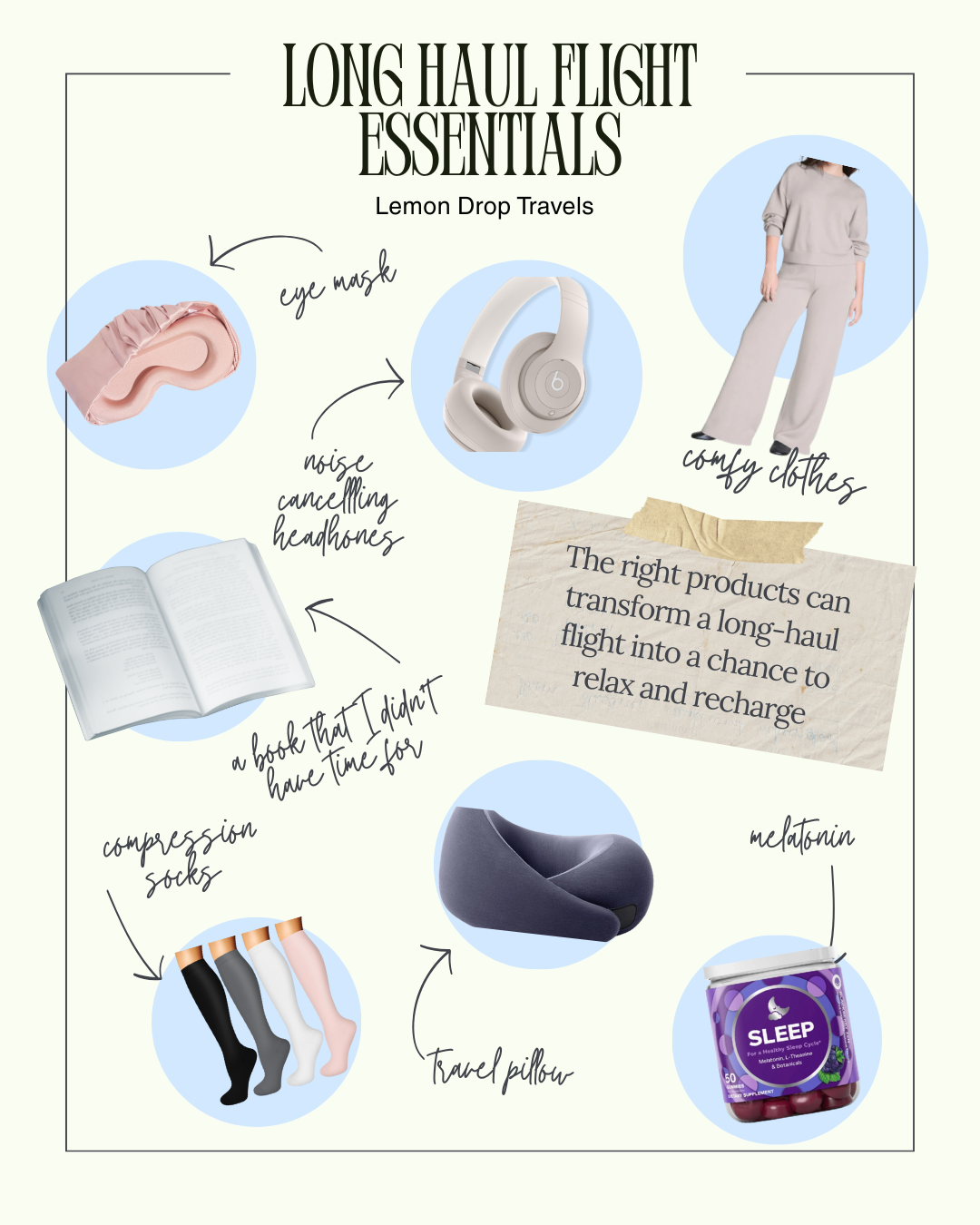 outfits, travel pillow, headphones, sleep aid, book, compression socks, silk eye mask